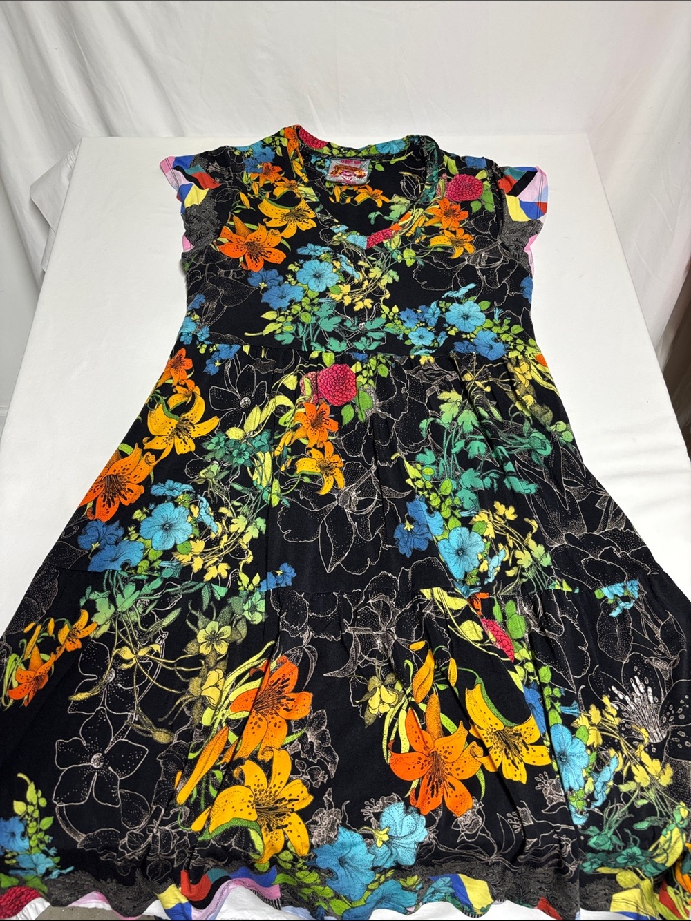 Johnny Was Los Angeles Floral Tiered Dress Black Multicolor Bamboo Viscose Boho